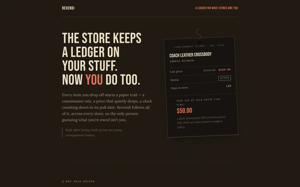 revendi.io, showing a consignment ticket and the consignor cut
