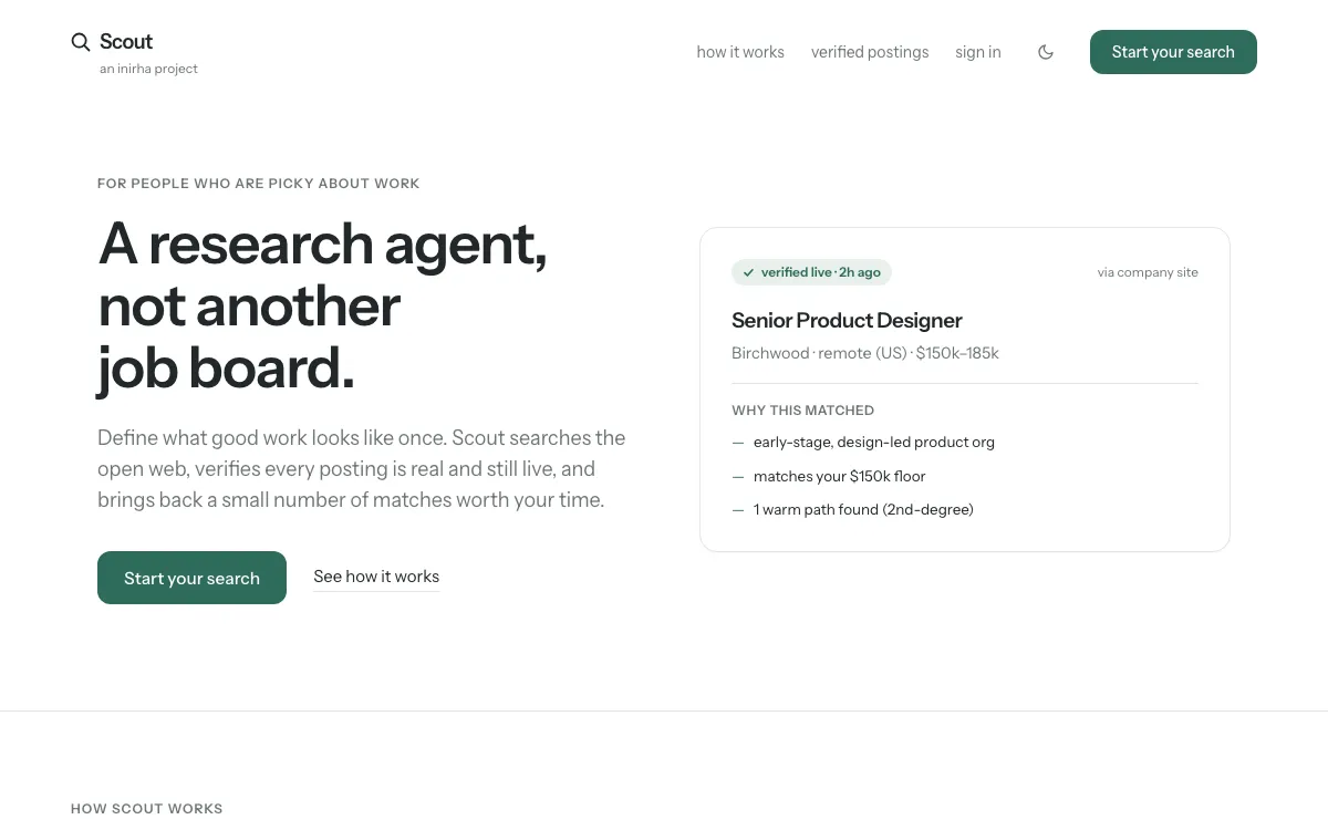 scoutforwork.com landing page, showing a verified live match with why-it-matched signals